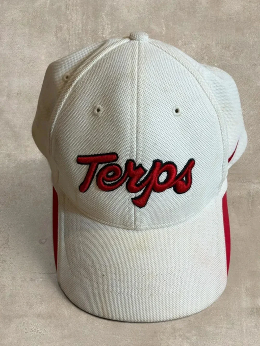 Vintage Nike Team Maryland Terps Hat Off White Red Script Strapback Dri FIT Cap